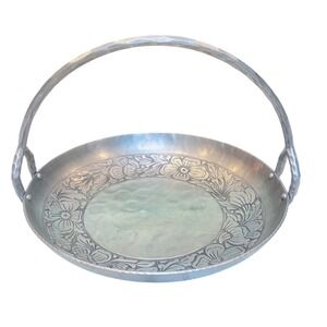 Vintage M.P.C. Forged Aluminum Floral Basket Tray Hammered Metal Handle 9 Inch